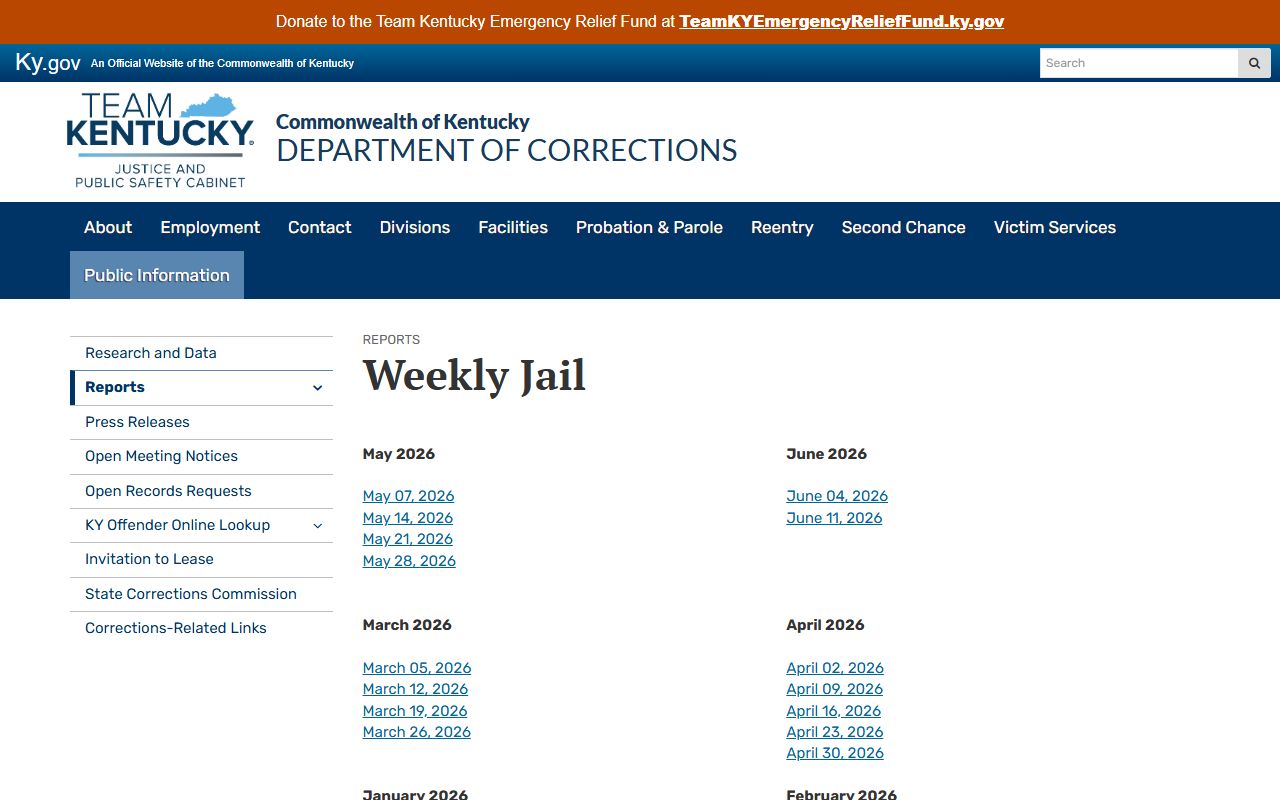 Rowan County inmate population weekly jail report index from Kentucky DOC